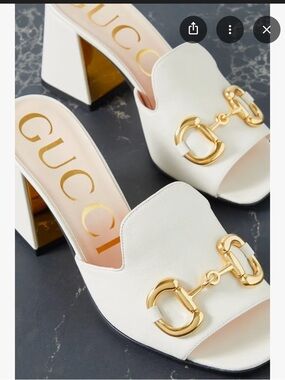 Gucci White Leather Block Heel Mules with Gold Horsebit